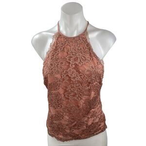 H&M Women's Brown Lace Floral Sleeveless Halter Open Back Sheer Crop Tank Top S